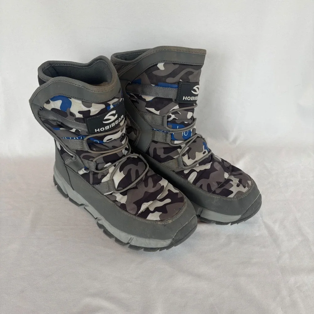Hobibear Kids Camo‎ Snow Boots Grey Blue Faux Fur Lined Winter AW3771 Size 39